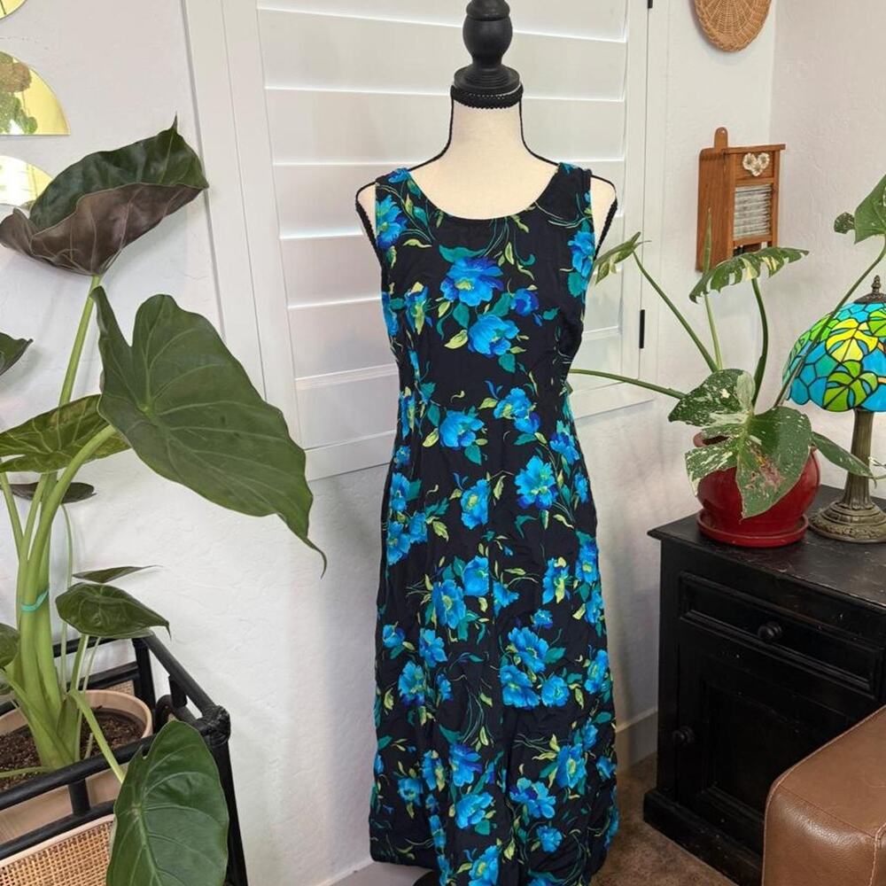 Vintage 90s Molly Malloy Black Blue Floral Corset Back Maxi Dress 10P